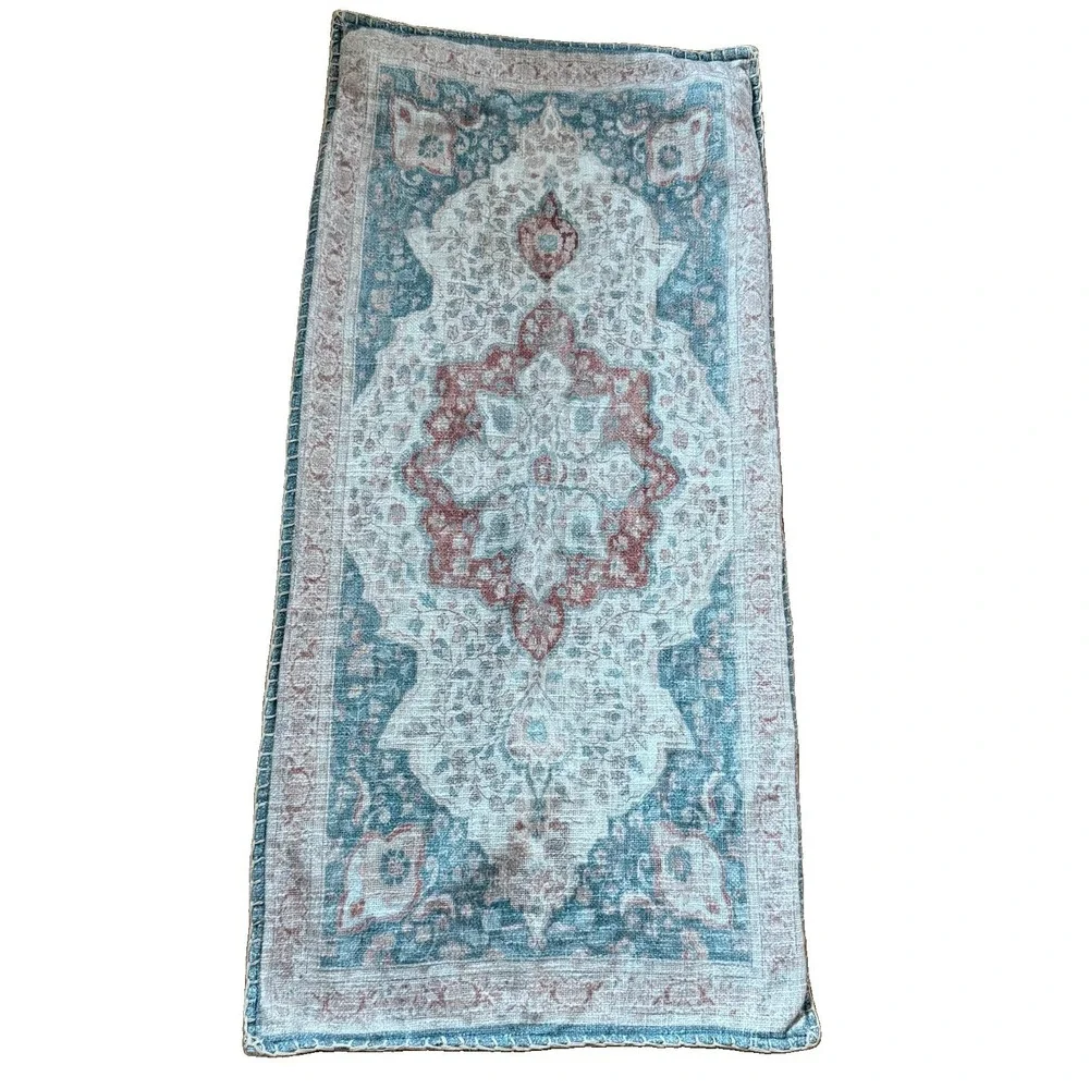 Vintage Turkish Kilim Style Medallion Lumbar Pillow Cover Blue Rose Boho